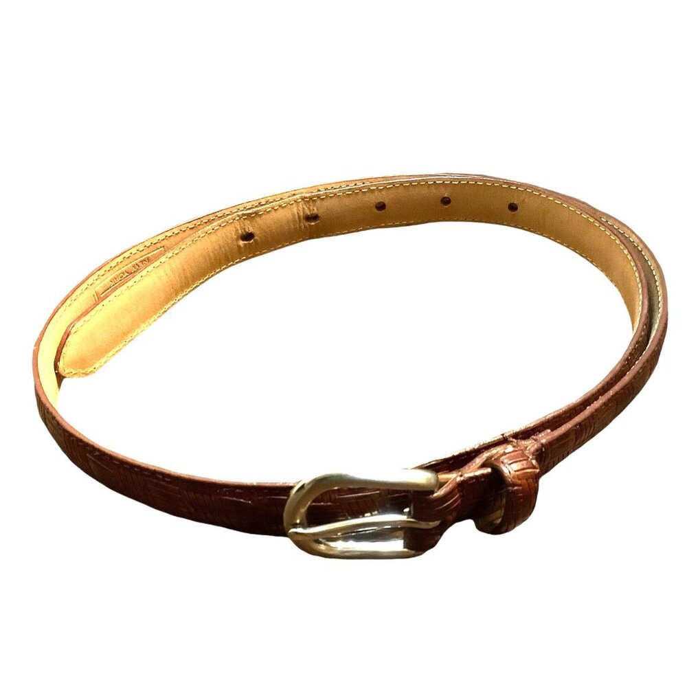 Vtg WCM New York Genuine Italian Leather Belt Woven Pattern Brass Buckle